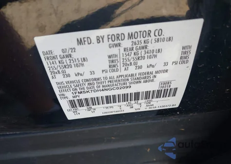 2022 Ford Explorer Xlt z USA, uszkodzony, nr VIN 1FMSK7DH4NGC02099